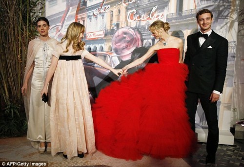 Princess Alexandra holds hands with brother Pierre wife Beatrice at 2016 Monaco Rose Ball