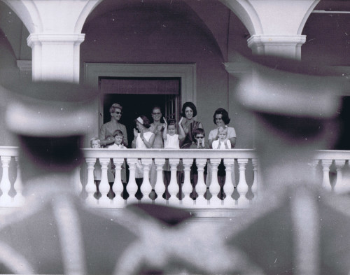 Joan Dale & Princess Grace with chidren at Palace of Monaco Balcony watching parade - 1964