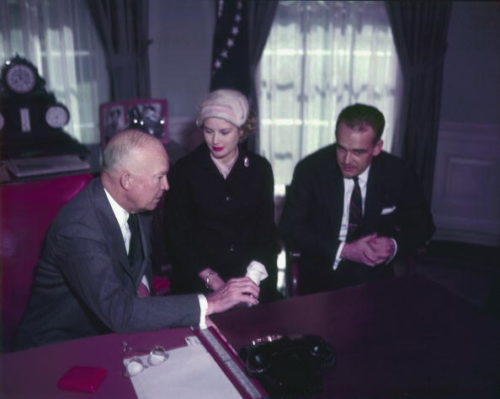Prince Rainier of Monaco and his wife Princess Grace (1929 - 1982) with US president Dwight D Eisenhower (1890 - 1969) during a visit to the White House, 1956